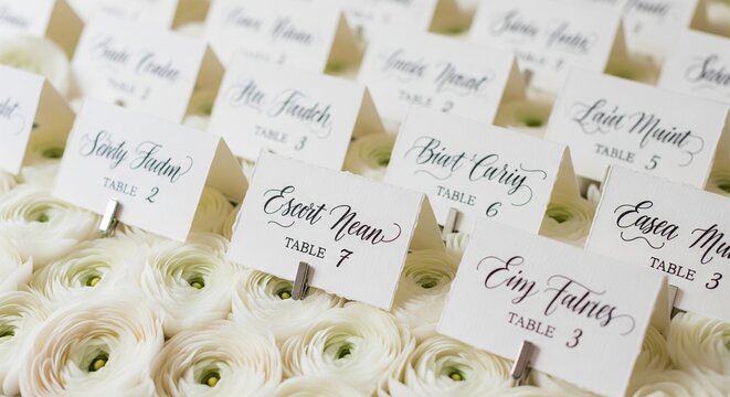 A close-up shot of elegant wedding escort cards with handwritten calligraphy names and table numbers