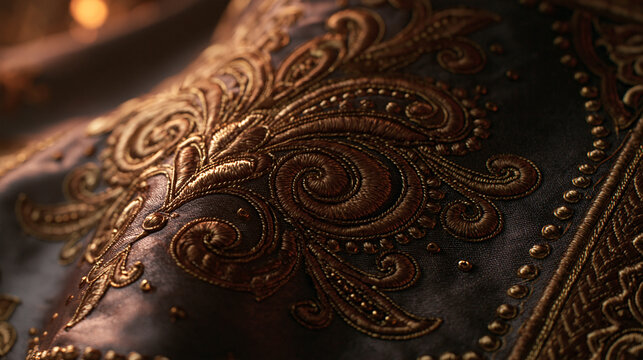 liturgical. Extreme close-up of intricate gold embroidery on heavy liturgical silk fabric. event programs, museum guides, designed for cultural heritage projects and event programs.