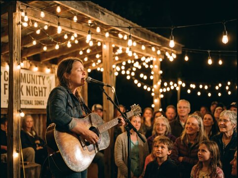 Captivating Female Musician Playing Acoustic Guitar & Singing Live at Outdoor Community Folk Night Concert, Illuminated by Warm String Lights, Engaging Diverse Audience.