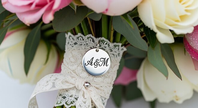 Close-up of a wedding flower bouquet handle wrapped in delicate white lace ribbon with a silver engraved round pendant featuring initials 'A&M'