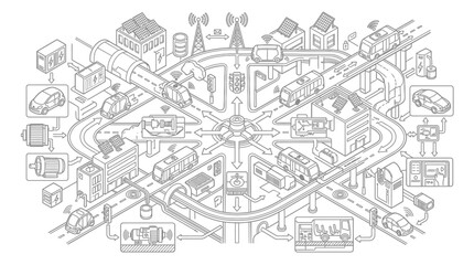 Fototapeta premium Isometric smart city infrastructure and automated transport network.