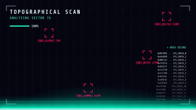 Futuristic computer screen, Topographical scan analyzing sector 7G with progress bar and data visualization, symbolizing technology and data analysis, scanning environment, 8-second seamless loop.