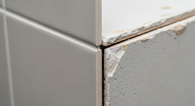 Macro close-up shot of a broken, chipped corner of a ceramic tile installation, showing the raw grey cement material underneath the white surface