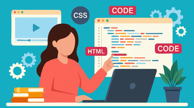 Woman Coding on Laptop, Web Development and Online Programming Learning Concept