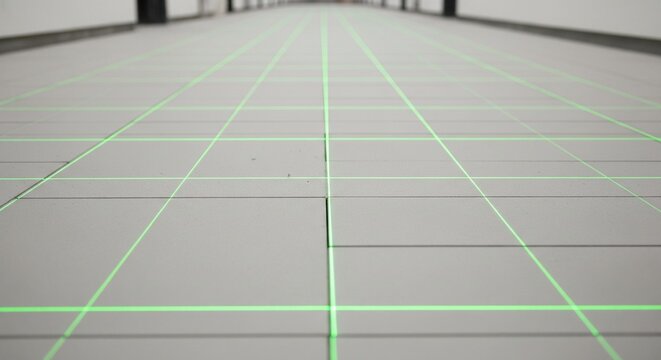 Low angle shot of a long room with green laser level lines on grey floor tiles.