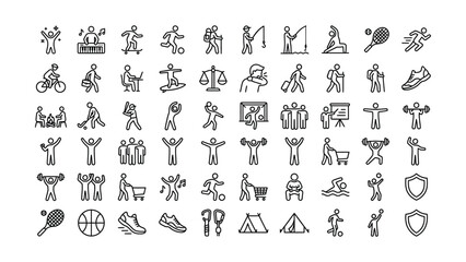 Naklejka premium A comprehensive collection of diverse human activity and sports outline icons representing hobbies and leisure pursuits for various lifestyles