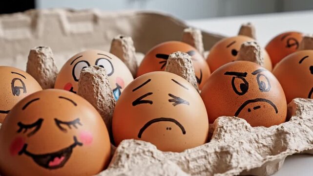 Assorted brown eggs with diverse hand drawn facial expressions.