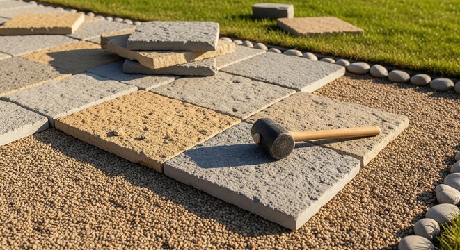 Building a garden walkway with grey and yellow stone tiles and a rubber mallet on sand.