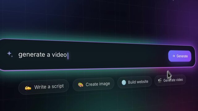 Advanced AI prompt interface typing the command "Generate a Video" on a futuristic neon display. Concept of AI video creation, automation, and next-generation content production.