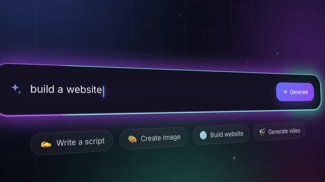 Futuristic AI interface with the prompt "Build a Website" being typed into a glowing digital input field. Concept of web development, coding automation, and AI-powered website creation