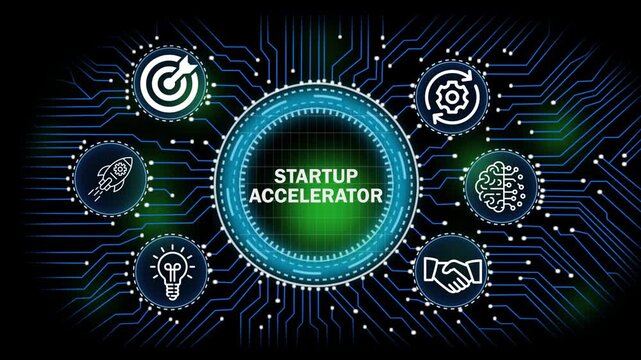 startup accelerator digital network, technology, business  concept with circuit board connections and icons for banking security finance growth and data analysis 