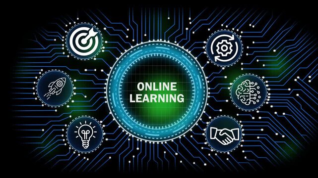 online learning digital network, technology, business  concept with circuit board connections and icons for banking security finance growth and data analysis 