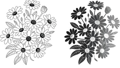 Beautiful daisy bouquet vector illustration set with clean botanical line art and dark silhouette styles for greeting card designs © MdAlamgir