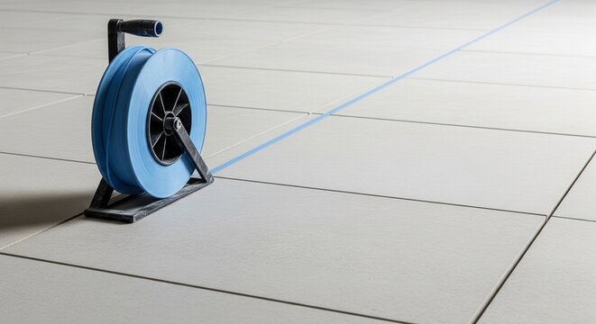 A blue chalk line reel or marking string tool on a newly laid light gray tile floor with a straight blue line running across the tiles