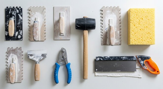 A flat lay composition of clean tiling tools arranged neatly on a grey background, including trowels, a hammer, pliers, a saw, and a yellow sponge