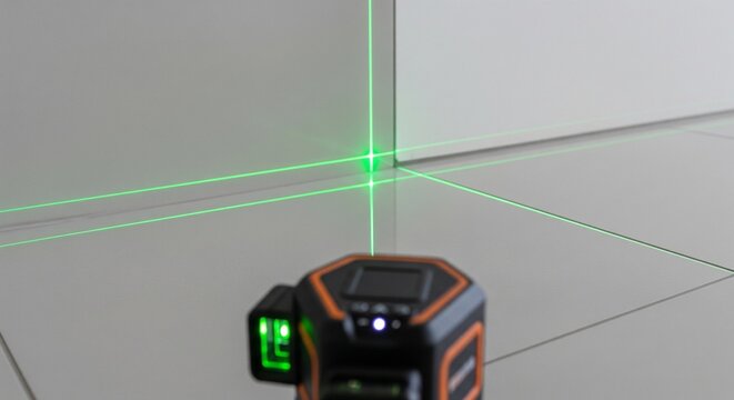 A close-up of a self-leveling cross-line laser level casting green laser lines across a shiny gray tiled floor and wall.