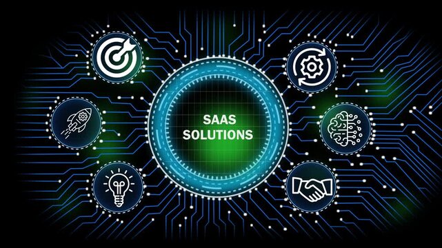 SAAS solution digital network, technology, business  concept with circuit board connections and icons for banking security finance growth and data analysis 