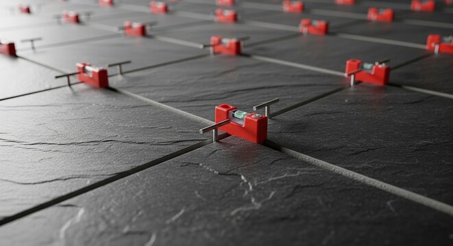 A perspective view of dark grey textured floor tiles being installed on a floor with red plastic tile leveling spacers and clips inserted in the joints