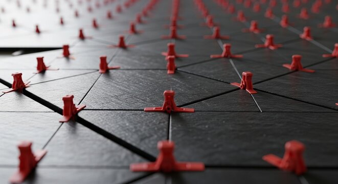 A high-angle close-up view of a black tile installation grid layout using red plastic tile leveling system clips and wedges to align dark grey textured slate tiles