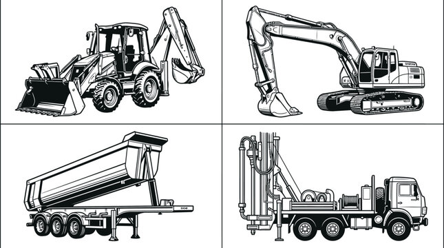 Heavy Construction Equipment Set: Excavator, Backhoe, Tipper Truck, Drilling Rig