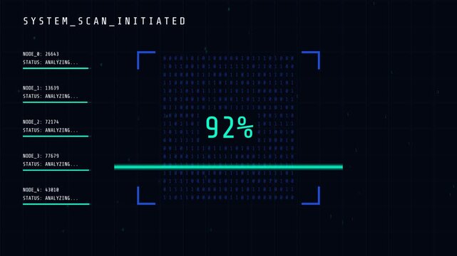 Futuristic system scan animation, detailed cyberpunk interface with progress bars and node verification, dark background with neon lights, seamless loop, symbolizing technology and data security