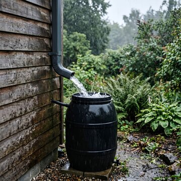 Gutter downspout discharging rainwater into a black rain barrel collector surrounded by lush greenery
