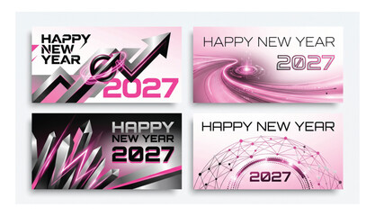 Happy new year 2027 decorative banner collection featuring abstract pink and metallic geometric structures metallic abstract geometric business celebration corporate template marketing