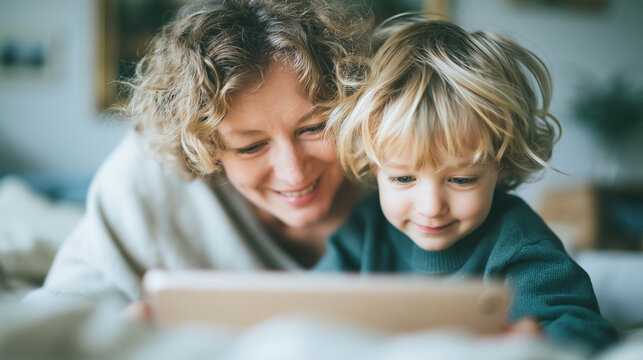 A wide shot of a mother and son leaning softly over a glowing tablet playing together in a calm bright living room mother son tablet open faces bright home daylight workspace