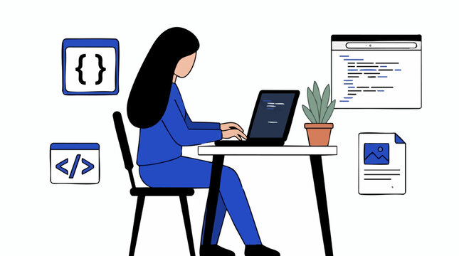 Woman developer coding on laptop at desk with programming icons