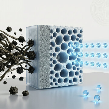 Advanced water purification filter showing a porous membrane trapping dark pollutants and releasing clean pure blue droplets.