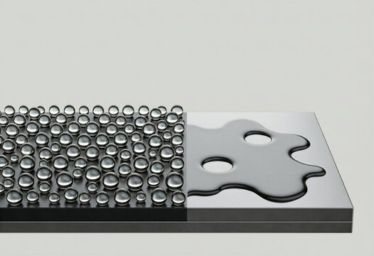 Close up of a split surface demonstrating a superhydrophobic coating with round water beads versus a flat wetting liquid sheet layer.