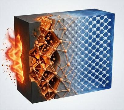 Abstract representation of a nanotechnology crystal lattice structure resisting extreme heat and fire in a material science concept.