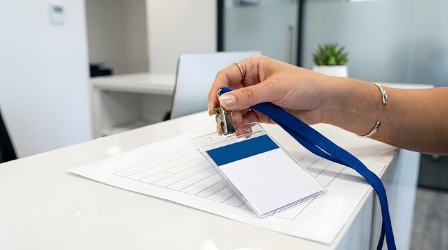 Receptionist holding blank office ID badge at desk | Close up of woman holding name tag security pass | Identification badge mockup on a white reception counter | Office visitor pass with lanyard held