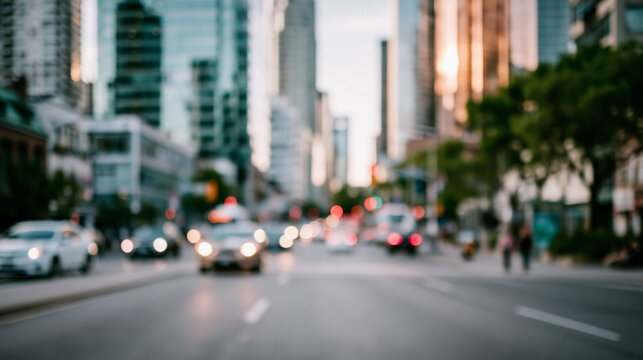 A wide shot of a busy downtown intersection humming softly with calm traffic beneath bright glass towers downtown intersection faceless scene softly defocused backdrop bright