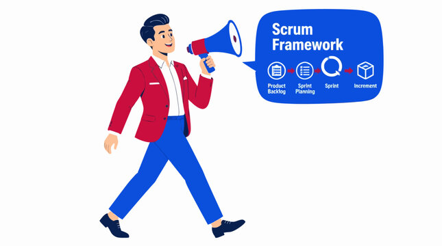 Man in red jacket holding megaphone with Scrum Framework sign.