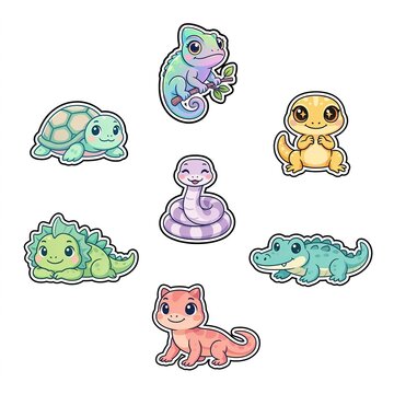Set of cute cartoon reptiles and amphibians isolated on white background