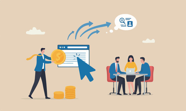 Paid together pay for online ads for users to visit website concept, businessman marketer push money coin into mouse pointer to click to website