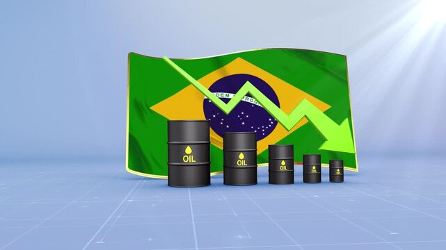 Brazil Crude Oil Price Drop with Oil Barrels Downward Green Arrow and 3D Financial Data Visualization Graphs for Economy and Business Concept