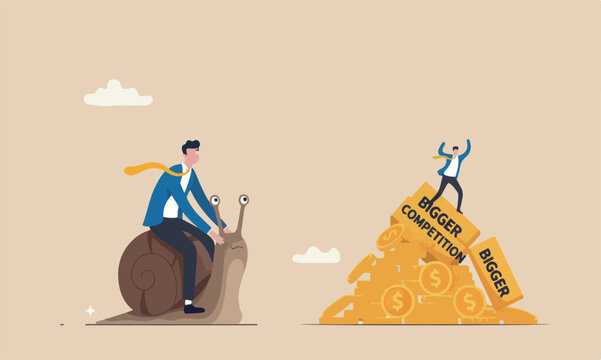 Slow bigger one fall stupid mistake, businessman idiot leader riding slow snail never reach goal, losing competition