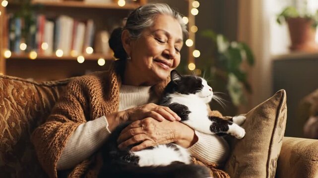 Senior woman petting tuxedo cat on living room sofa