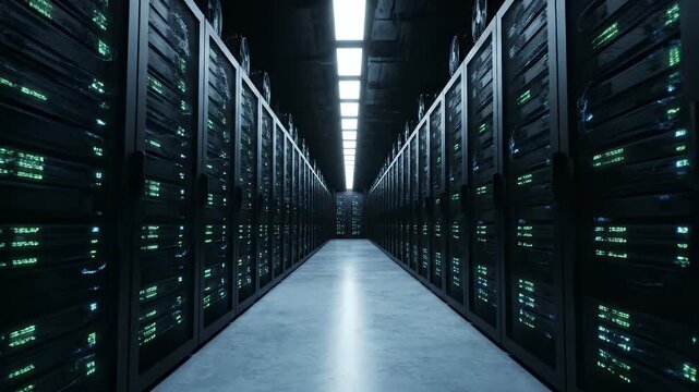 A perspective view of a modern server room featuring rows of black data center cabinets with glowing lights