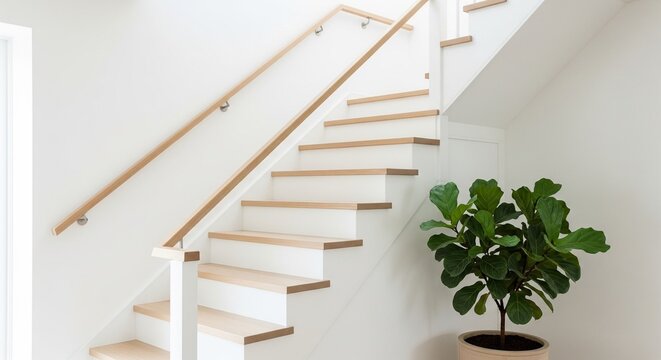 Minimalist white stairs with wooden steps and handrail leading up next to a green potted houseplant against a white wall.