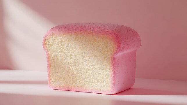 Pink Frosted Bread Loaf: A soft bread loaf with a vibrant pink frosting glaze, presented in soft, dappled light, inviting a sweet indulgence.