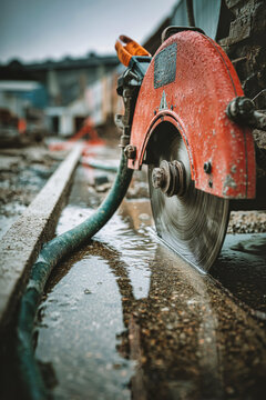 A circular saw cuts concrete while water collects around the tool at a construction site in wet conditions. The work is ongoing and focused on building