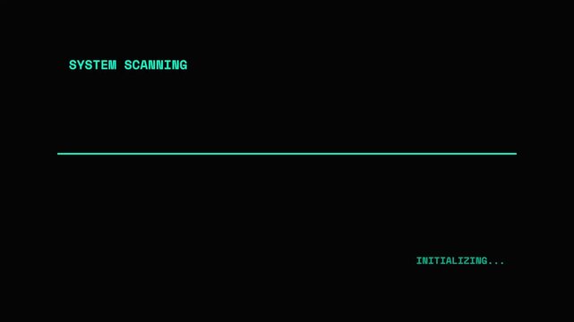 Loading bar animation, System scanning and Initializing text on black background, seamless loop, representing technology and digital process.
