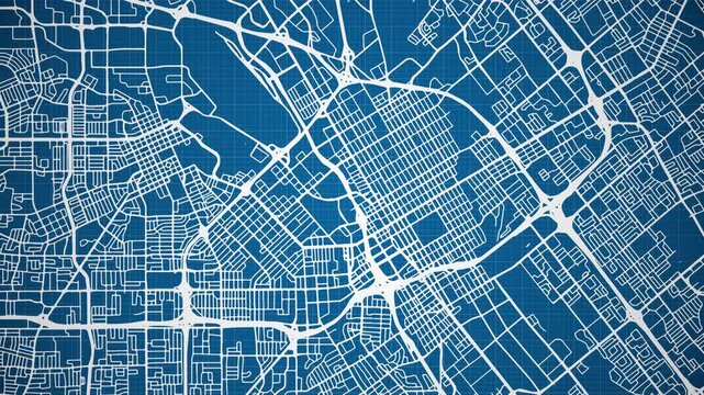 Ink reveal animation of San Jose city, California (CA), United States of America, grid map. Aerial top view. Blueprint style. White lines with blue background. 4K Seamless loop.