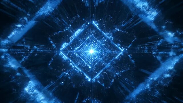 A glowing blue digital tunnel with diamond shaped frames creating a futuristic perspective and light effect