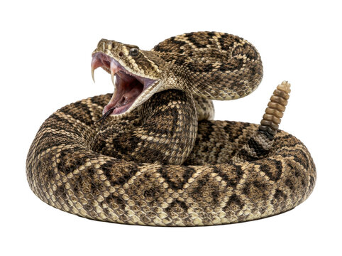 A coiled rattlesnake with open mouth and fangs bared on a white background