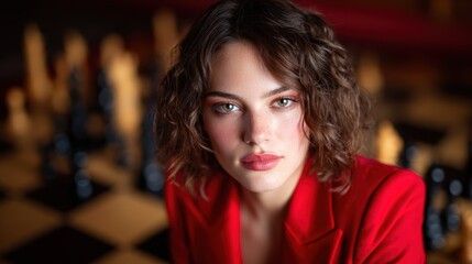 Fototapeta premium A stunning woman in a vibrant red outfit gazes confidently at the camera, blending elegance with a challenging game of chess set in a sophisticated environment.
