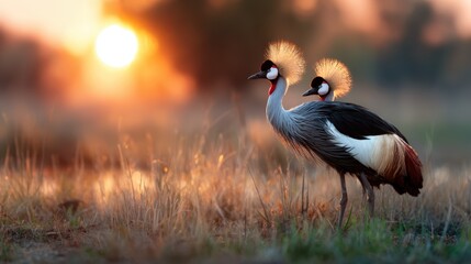 Obraz premium Two elegant cranes stand side by side in a field during sunrise, their striking plumage illuminated by the golden light, symbolizing love and companionship in nature's beauty.